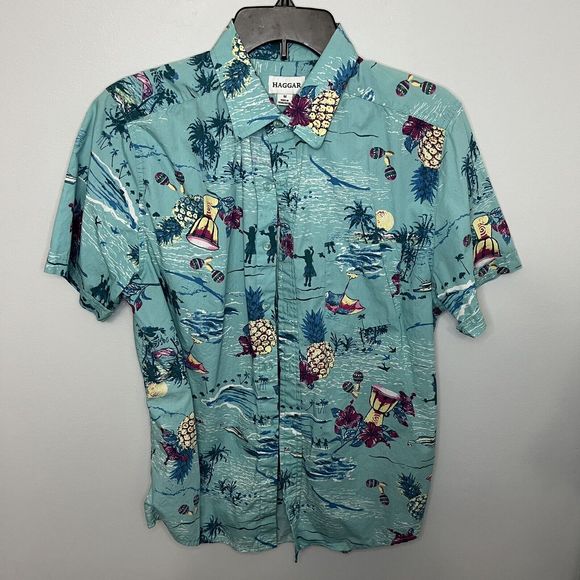 Haggar Mens Shirt Hawaiian Medium Blue Short Sleeve Button Down Pineapple Floral - Picture 1 of 6